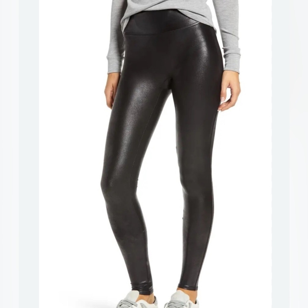 Spanx Black Faux Leather Pull On Full Length Leggings Women's Small Style # 2437
